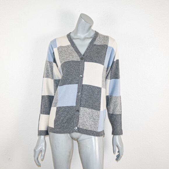 Clan Douglas 100% Cashmere Cardigan Sweater Grey Blue checker size Medium - Picture 1 of 9